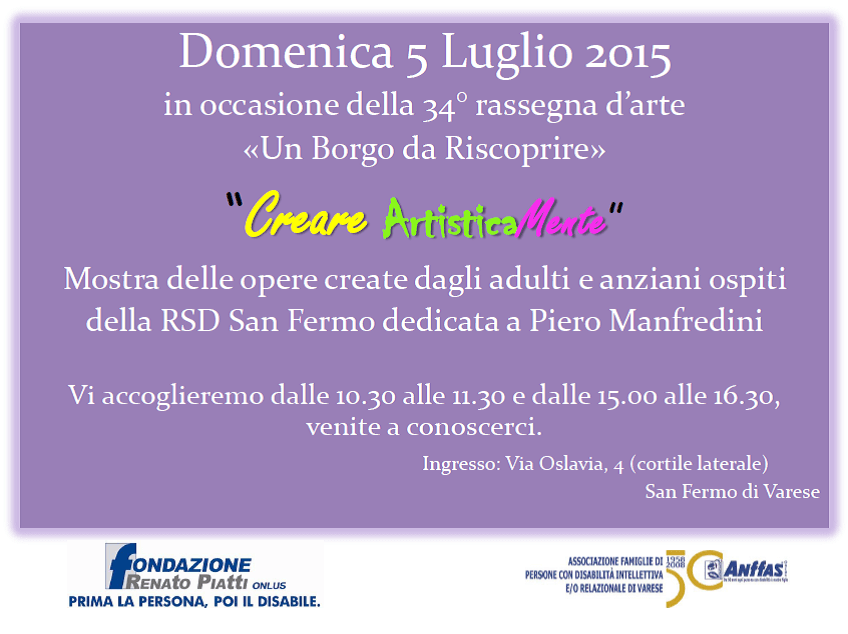 Domenica 5 luglio rassegna d’arte alla RSD di San fermo