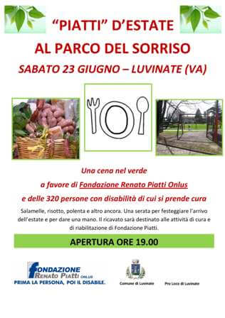 “Piatti” d’Estate al Parco del Sorriso, sabato 23 giugno a Luvinate una cena all’aperto per Fondazione Piatti